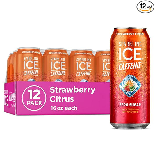 Sparkling Ice Caffeine Strawberry Citrus Sparkling Water with Caffeine, Zero Sugar, with Antioxidants and Vitamins,16 fl oz Cans (Pack Of 12)