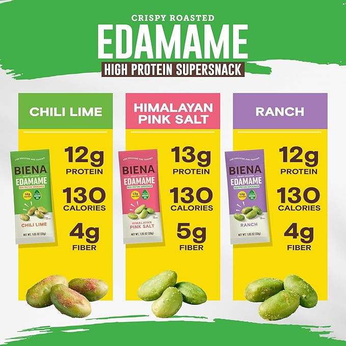 Biena Crispy Roasted Edamame Beans Snack ??High Protein Low Carb Snack for Adults & Kids, 12g-13g Protein per Serving - Made w/Avocado Oil ??Vegan, Gluten-Free ??18-Pack 1.05oz Variety Pack