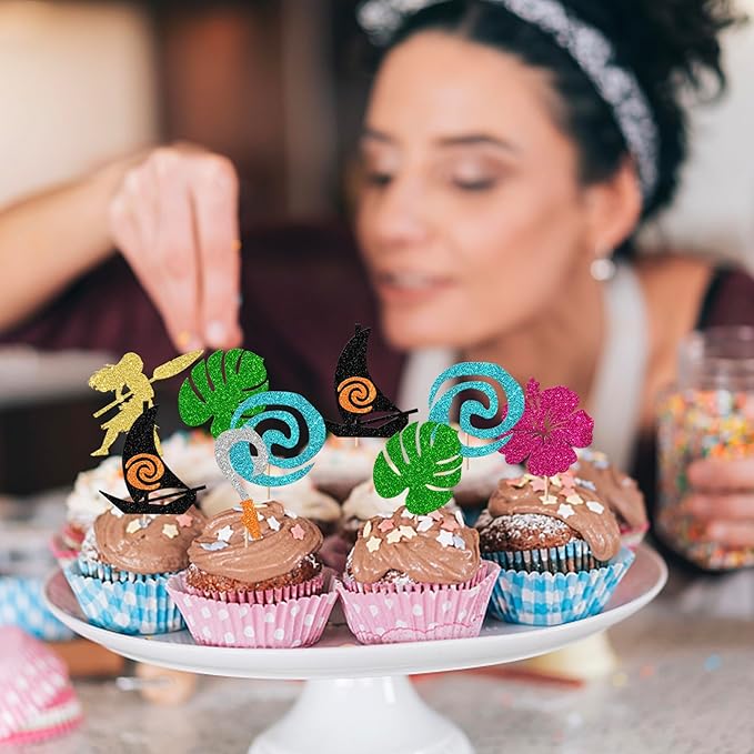 Rsstarxi 30 Pack Moana Cupcake Toppers Glitter Palm Leaf Flower Cupcake Picks Tropical Hawaiian Luau Cupcake Decorations for Moana Baby Shower Birthday Party Cake Decorations
