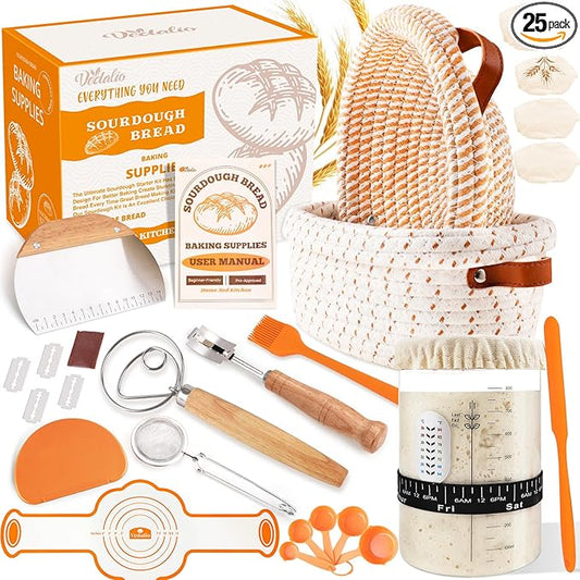 Sourdough Starter Kit, Sourdough Bread Baking Supplies, Sour Dough Starter Kits, Woven Bread Proofing Basket, Sourdough Kit Jar Sour Dough Bread Making Tools Kit Accessories, Gifts for Women Mom Wife