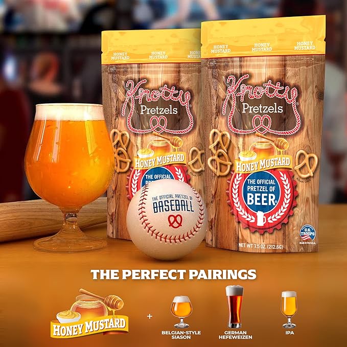 Knotty Pretzels - "The Official Pretzel of Beer" 7.5 Ounce Individual Seasoned Pretzel in Resealable Snack Bags - Honey Mustard (6 Pack)