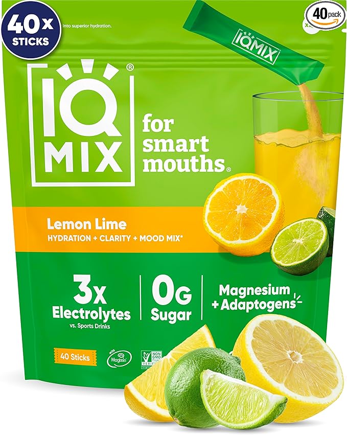 IQMIX Hydration Electrolyte Powder ??4-in-1 Formula for Hydration, Mental Clarity, Mood and Recovery ??Sugar-Free Drink Mix, Keto, Magnesium L-Threonate, Lion?™s Mane ??40 Count Lemon Lime
