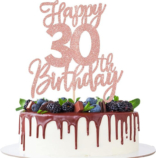 1 PCS Happy 30th Birthday Cake Topper Glitter Cheers to 30 Years Birthday Cake Pick Thirty Hello 30 Fabulous Cake Decorations for Happy 30th Birthday Anniversary Party Supplies Rose Gold