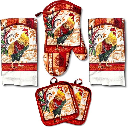 Lobyn Value Packs: Decorative & Functional Rustic Rooster Kitchen Set ??5 Pieces, Perfect for Farmhouse D챕cor Set includes 2 Dish Towel 2 Pot Holders 1 Oven Mitt | Kitchen Towel Set for Daily Use
