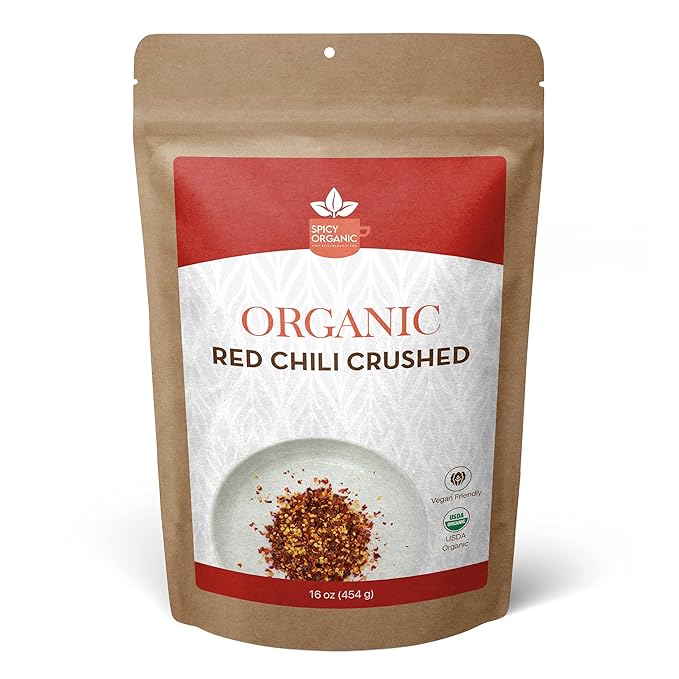 SPICY ORGANIC Crushed Red chili Flakes - 100% Pure USDA Certified - Non-GMO, Gluten-Free-Comes in a Resealable Pack?“Pungent and Spicy Flavor-16OZ (454 grams)