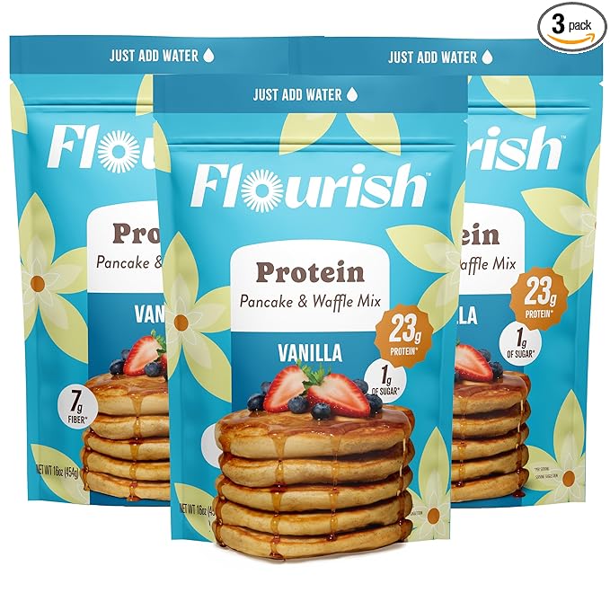 Flourish Protein Pancake & Waffle Mix, with Whey Protein & Flax Seed, No Added Sugar, High in Protein & Fiber - Just Add Water - Vanilla Flavour, 430g (3 Pack) - Made in Canada
