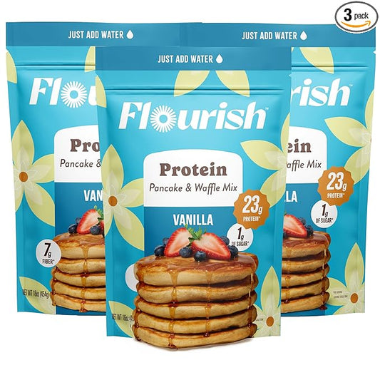 Flourish Protein Pancake & Waffle Mix, with Whey Protein & Flax Seed, No Added Sugar, High in Protein & Fiber - Just Add Water - Vanilla Flavour, 430g (3 Pack) - Made in Canada