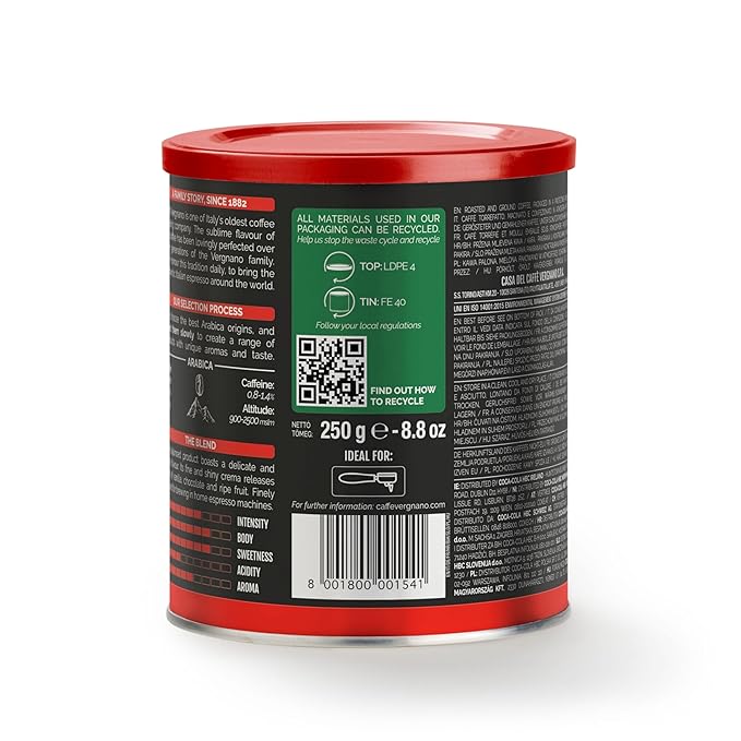 Caffì±?Vergnano Italian Finely Ground 100% Arabica Espresso Coffee, 6 Pack ??Intensity 6, Delicate & Subtly Fruity Blend, Slow Roasted with Notes of Milk Chocolate, Caramel & Nuts, 8.82 oz Tin