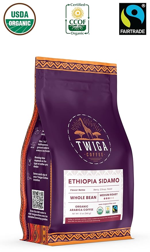 Twiga Coffee Premium Ethiopian Sidamo Whole Bean Coffee ??Organic Medium Roast Arabica with Berry, Citrus & Floral Notes ??Single Origin Ethiopia ??Freshly Roasted 12 oz