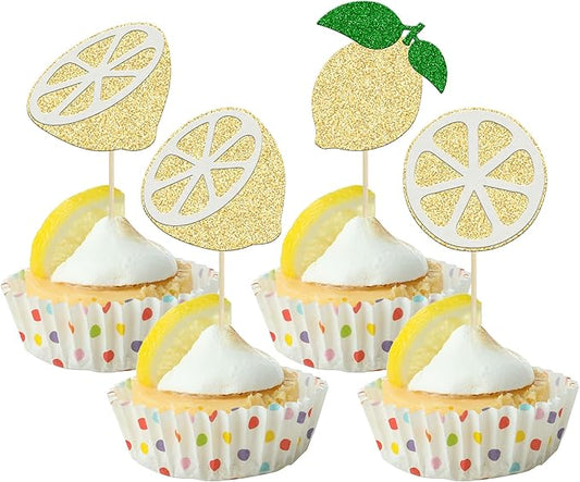 24Pcs Lemon Cupcake Toppers Glitter Flower Ring Fruit Bridal Shower Cupcake Picks for Lemonade Engagament Party Baby Shower Birthday Party Cake Decorations Supplies
