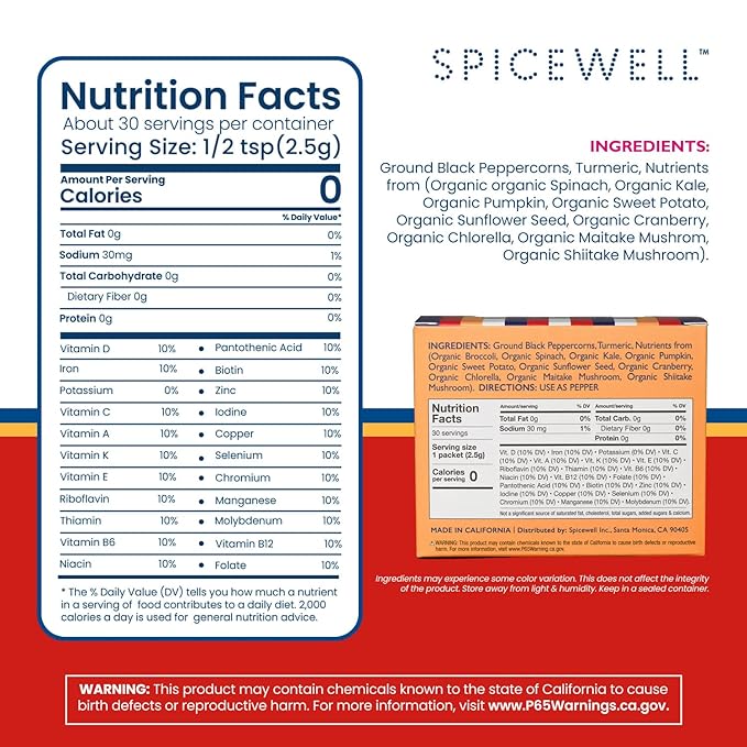 Spicewell - New Pepper in Travel Ready Packets - Ayurvedic Black Pepper with Turmeric, 21 Plant-Based Vitamins and Minerals - Fine Ground, 30 Count