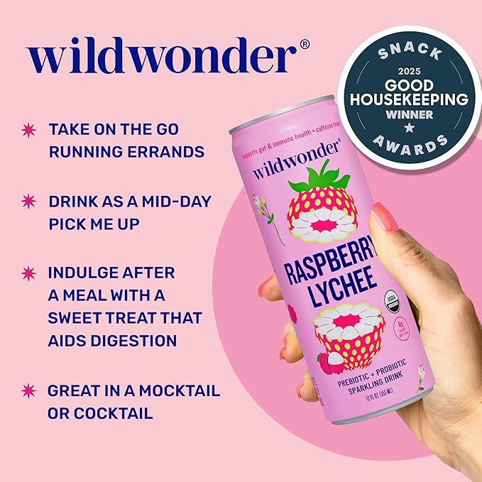 NEW! wildwonder Sparkling Probiotic Drink 12pk, For Gut Health & Immune Support, Raspberry Lychee, 5g Prebiotic Fiber, Live Probiotics, Organic, Vegan, Low Sugar, 12 Pack, 12oz Can, Seen on Shark Tank
