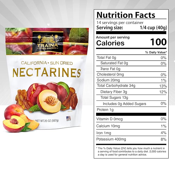 Traina Home Grown California Sun Dried Nectarines - Healthy & Non-GMO, Sweet Flavor, Sun Dried Fruit, No Sugar Added, Perfect Snack In Resealable Pouch (20 Oz)