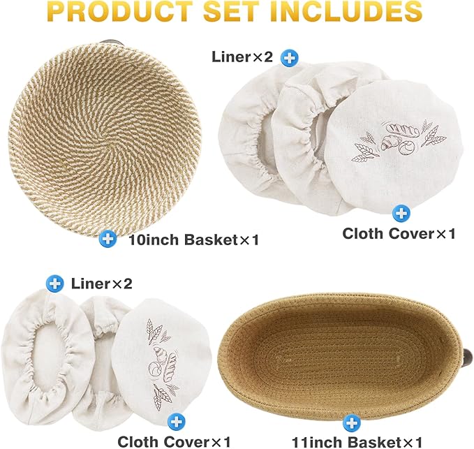 Banneton Bread Proofing Basket Set of 2, 10 Inch Round 11Inch Oval Cotton Rope Sourdough Bread Baking Supplies Proofing Bowls with Liners & Covers Gifts for Bakers Women Wife Mom