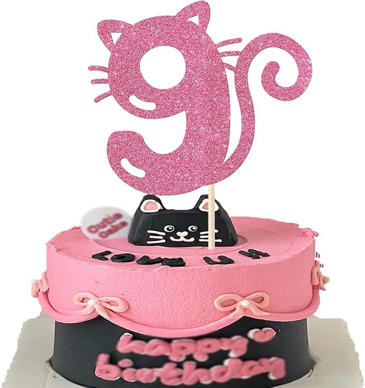 1 Pack Cat Cake Topper 8th Birthday Cake Pick Glitter Cute Pet Cat Cake Decoration for Baby Shower Kids Eight Birthday Wedding Party Cake Decorations Supplies Pink