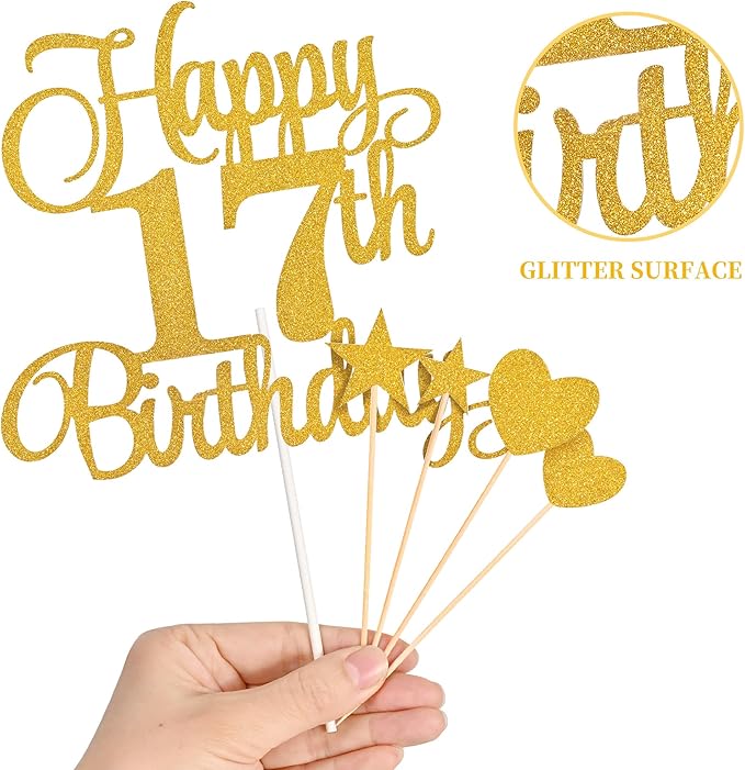 17th Birthday Cake Decorations, 17th Birthday Candles Cake Numeral Candles and Glitter Happy 17th Birthday Cake Toppers Set for Birthday Party Supplies (Gold)