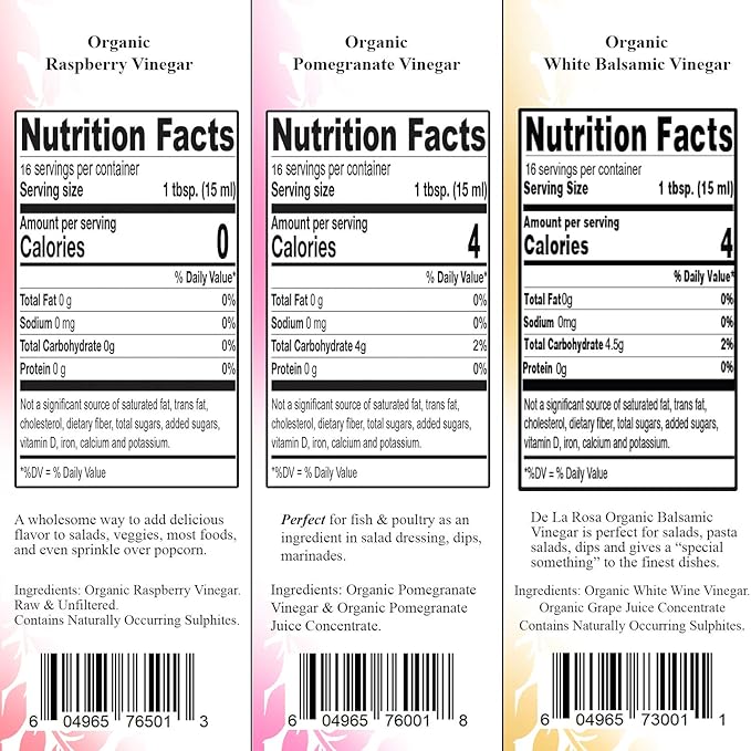 De La Rosa Raspberry, Pomegranate & White Balsamic Vinegar, Vegan, Kosher, Non-GMO & Gluten Free, Great for Salad Dressing & More 8.45 Oz (Pack of 3)