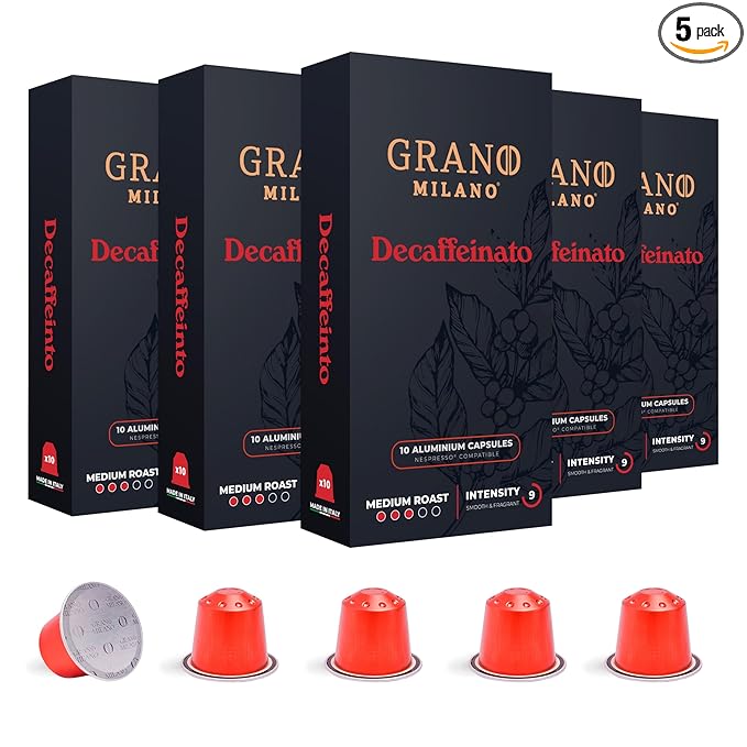 Grano Milano Decaffeinato - 50 Aluminium Espresso Pods Compatible with Nespresso Original line, Medium Roast - Intensity 9/12, Espresso Coffee Capsules Made in Italy