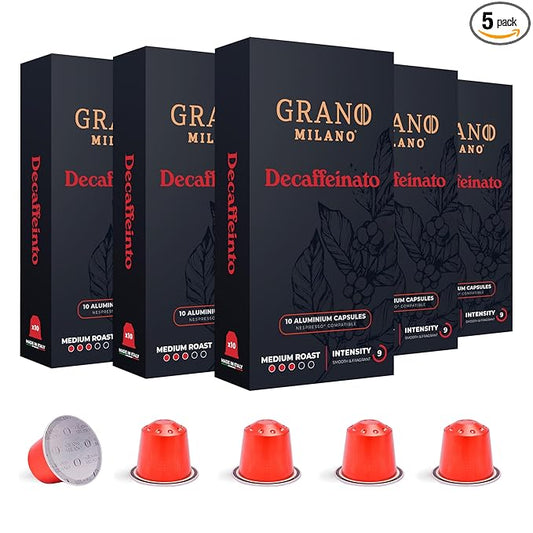 Grano Milano Decaffeinato - 50 Aluminium Espresso Pods Compatible with Nespresso Original line, Medium Roast - Intensity 9/12, Espresso Coffee Capsules Made in Italy