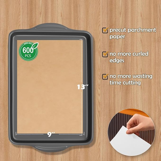 600Pcs Unbleached Parchment Paper Sheets for Baking, 9 x 13 Inch, Non-Stick Precut Quarter Sheet Size Parchment Paper for Baking, Cooking, Air Fryer, Oven (9?œx13??600pack)