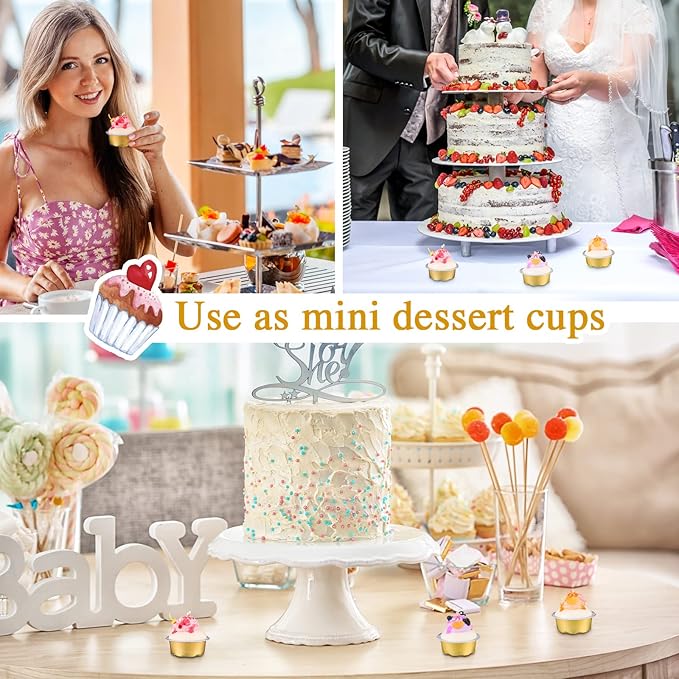 Eaasty 150 Count Baking Cups with Lids, 1.6 oz Muffin Cupcake Liners Aluminum Foil Mini Cake Pans Small Disposable Ramekins Flan Containers with Lids for Christmas, Birthday, Various Holiday(Gold)