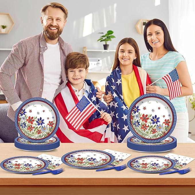 96Pcs American Memorial Patriotic Plates and Napkins Independence Day Party Decorations 4th of July Poppy Flower Dessert Plates Patriotic Tableware for 24 Guests Labor Veterans Days Party Supplies