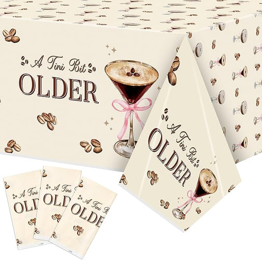 3Pcs Coffee Martini Tablecloths A Tini Bit Older Birthday Table Covers Coffee Espresso Martini Themed Plastic Disposable Rectangular Party Decorations Supplies for Birthday Bachelorette Party