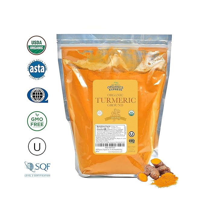 HQOExpress - USDA Certified Organic- Non GMO - Ground Turmeric Spice Powder Seasoning For Cooking- Sustainably Grown - Kosher - 80 oz. Bag