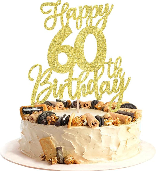 1 PCS Happy 60th Birthday Cake Topper Glitter Cheers to 60 Years Birthday Cake Pick Sixty Hello 60 Fabulous Cake Decoration for Happy 60th Birthday Anniversary Party Decorations Supplies Gold