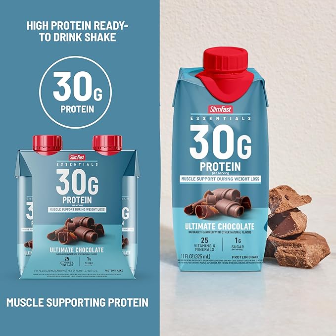 SlimFast Essentials 30g Protein Shake Chocolate, Protein Shakes Ready to Drink, Muscle Support, 1g Sugar, 25 Vitamins and Minerals, 3g Net Carbs, Ultimate Chocolate, 12 Count
