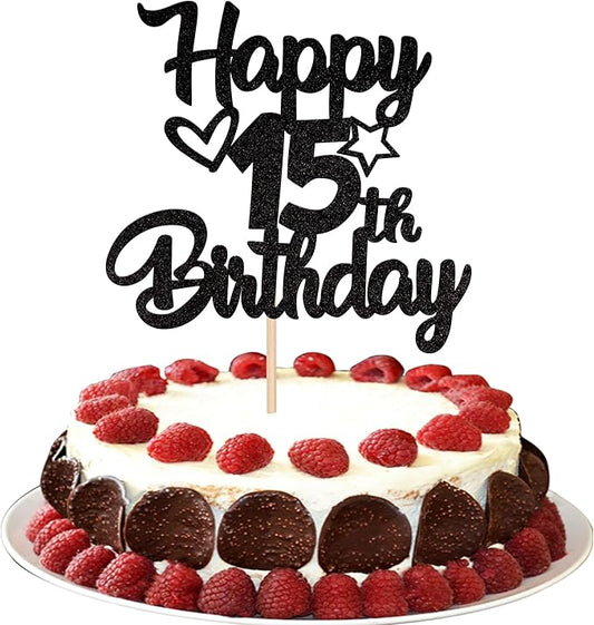 1 Pack Happy 15th Birthday Cake Topper Glitter Heart Star 15 Fabulous Cake Pick Birthday Sign Cake Decorations for Children 15th Birthday Theme Party Supplies Black