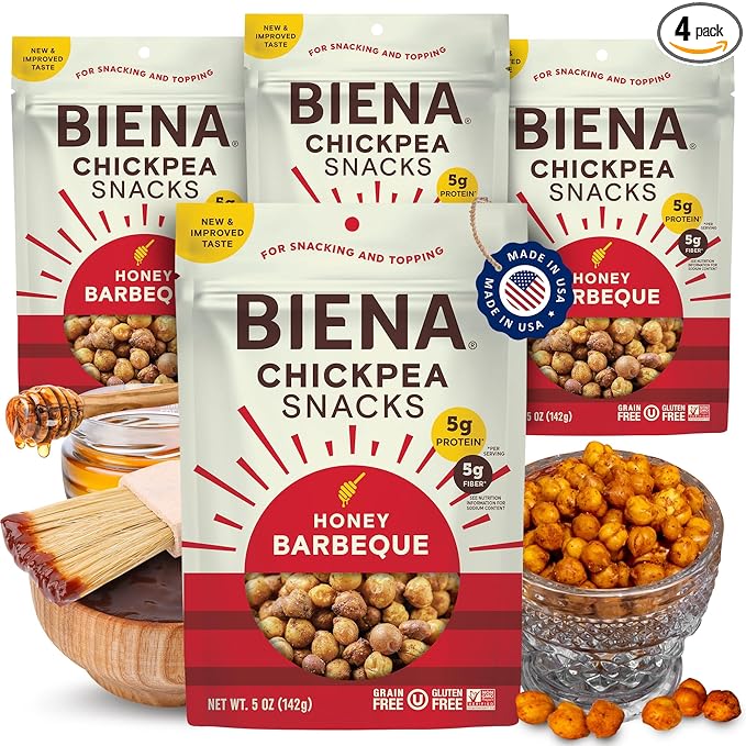BIENA Chickpea Snacks - Crunchy Roasted Chickpeas - High Fiber Protein Snacks for Adults and Kids - 4-Pack, 5 Ounce Bags - Barbecue