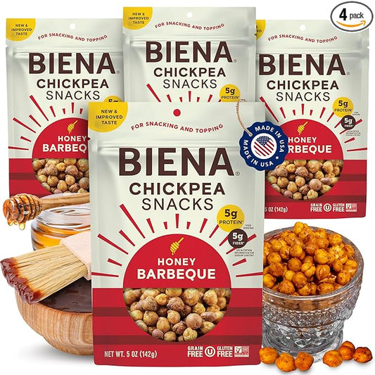 BIENA Chickpea Snacks - Crunchy Roasted Chickpeas - High Fiber Protein Snacks for Adults and Kids - 4-Pack, 5 Ounce Bags - Barbecue