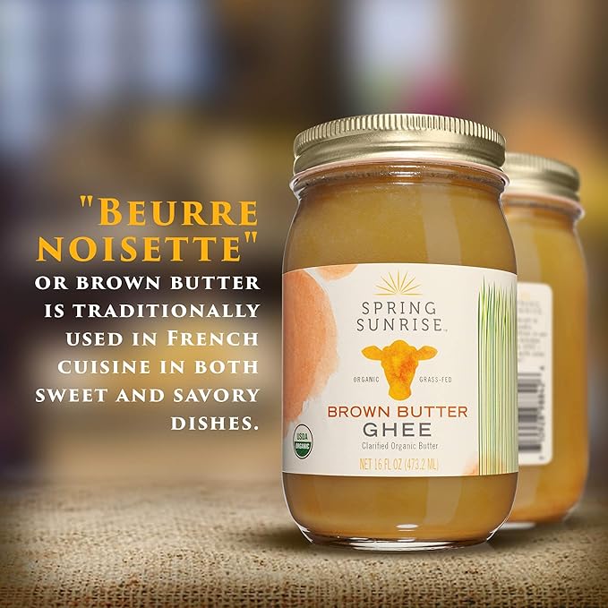 Spring Sunrise Organic Brown Ghee - Grass Fed Clarified Butter - Keto & Paleo Friendly, Lactose & Gluten Free Cooking Oil with High Smoke Point - 16 oz Jar