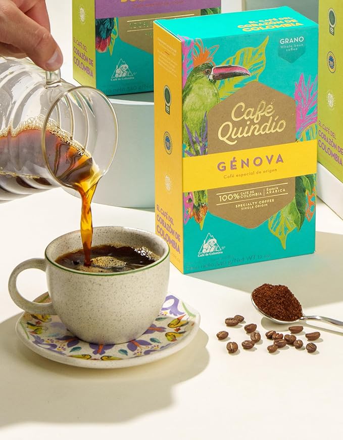 Cafe Quindio Genova Single Origin - Medium Roast 100% Colombian Excelso Whole Bean Arabica Coffee - 12 Ounce Bag (340g)
