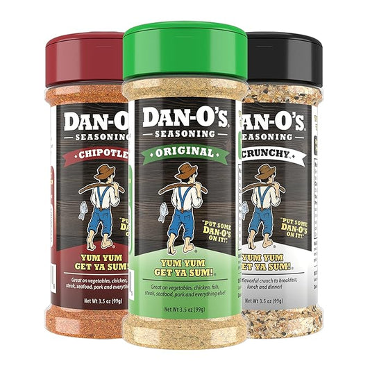 Dan-O's 3 Bottle Seasoning Set, Small Bottles, 3 Pack, Includes Original, Crunchy and Chipotle Seasonings, Sugar Free, Zero Calorie, Use this Seasoning Kit to Craft a Marinade, Dry Rub or Sauce