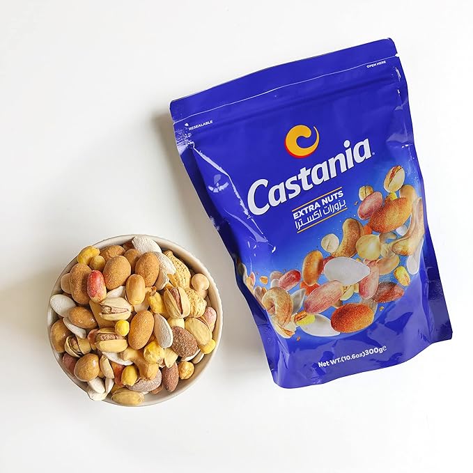 Castania BBQ Lebanese Mixed Nuts, Extra Mix with Pistachios, Almonds, Cashews, Hazelnuts, Peanuts, Pumpkin Seeds, Corn and Chickpeas, 10.6oz (Pack of 4)