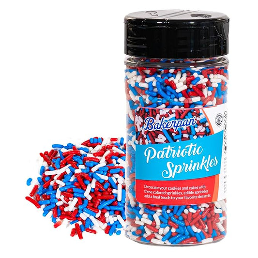 Bakerpan Patriotic Jimmies Sprinkles - 6 Ounces Edible Sprinkles for Cake Decorating, Cupcakes, Ice Cream, Cake Decorations (Made in USA)