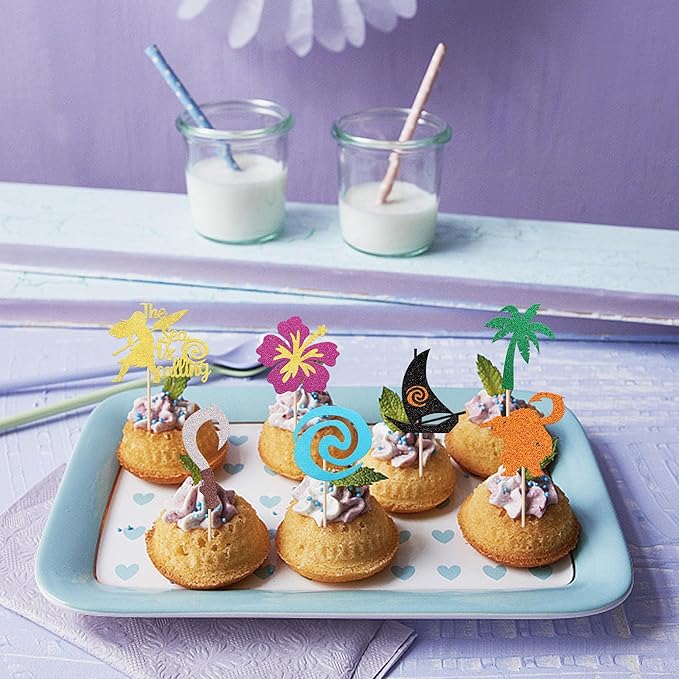 24 Pack Moana Cupcake Toppers Glitter Palm Leaf Moana Cupcake Picks The Sea is Calling Hawaiian Tropical Cake Decorations for Luau Summer Baby Shower Birthday Wedding Party Supplies