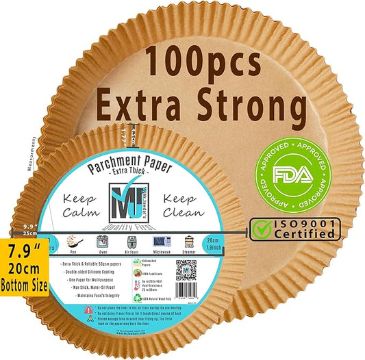 ((Extra Strong)) Air Fryer Disposable Paper Liner 100Pcs, Mr.Jawdat's Strong AirFryer Liners, Non-Stick Liner for Air Fryer and Microwave, Free of Bleach (Round, Bottom Size 7.9inch).