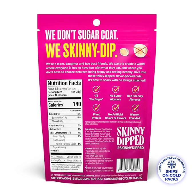 SkinnyDipped Berry Bliss Yogurt Covered Almonds, Healthy Snack, Plant Protein, Gluten Free, 3.5oz Resealable Bag, Pack of 5