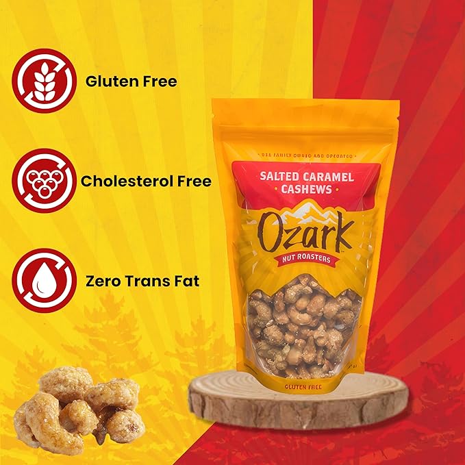 OZARK NUT ROASTERS, Salted Caramel Cashews, Flavored Snack Nuts, Gluten-Free Gourmet Candied Cashews, Blend of Sugar, Sea Salt & Caramel (14 oz)