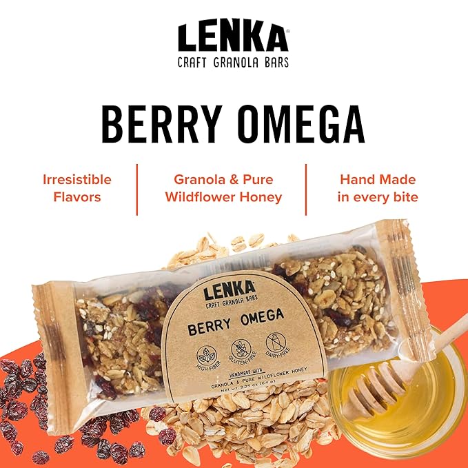 Lenka Bars - Berry Omega Snack Bars, Gluten Free, High Fiber, Kosher, Wholesome, No Artificial Flavors, Individually Wrapped - 12 Pack