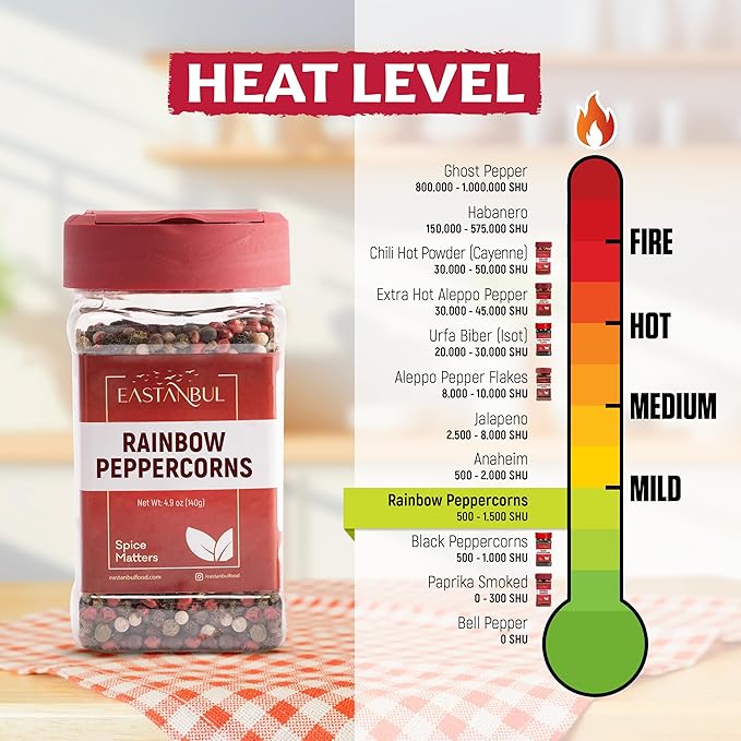 Eastanbul Rainbow Peppercorns for Grinder Refill, 4.9oz, Peppercorns Whole Rainbow White, Green, Pink, Black Pepper for Grinder Refills, Medley, Mixed, Assorted Pepper, Natural, Vegan, Non-GMO