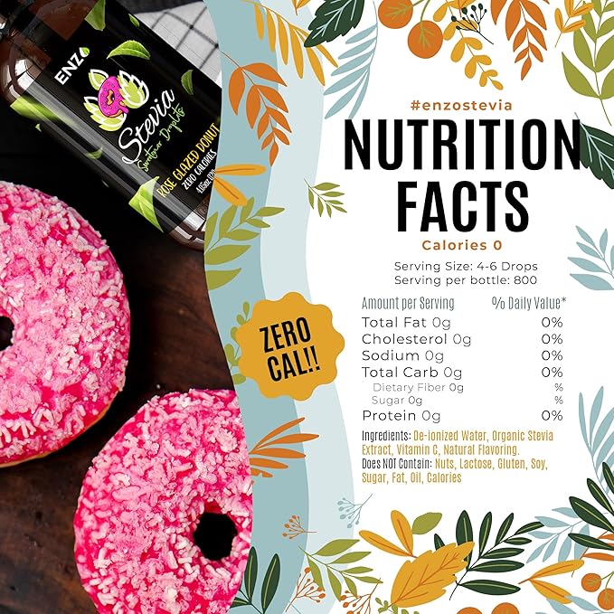 Enzo Liquid Stevia Drops Our Zero Calories Sweetener (4oz - 800 Servings/Bottle) - Rose Glazed Donut - All Natural flavoring with No Artificial Additives & Filler Ingredient