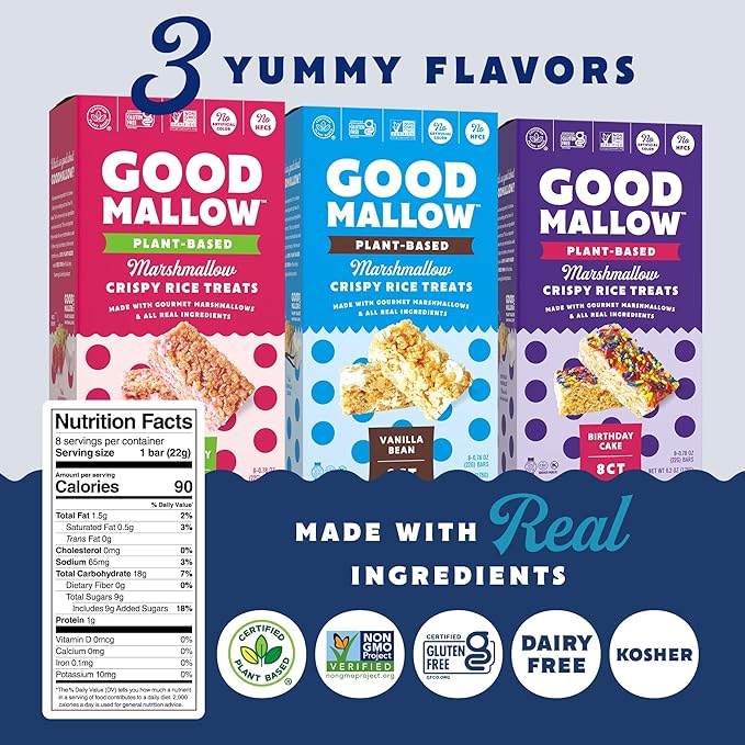 GoodMallow Vegan Rice Crispy Treats Individually Wrapped Box of 8, Kosher Vegan Snacks, Gluten Free Dairy Free Snacks for Kids & Adults - Healthy Sweets Made with Gourmet Marshmallows (Birthday Cake)