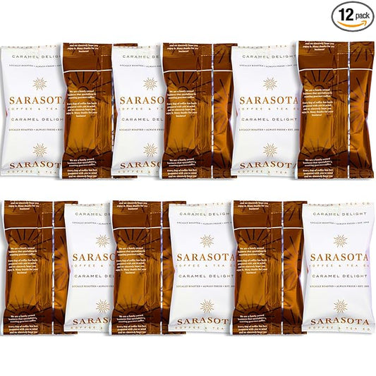 Sarasota Coffee Ground Packets | Gourmet Flavored Medium Roast Grounds Coffee Packs | Salted Caramel | Low Acid Mold Free Individual Single Pot Pouches for 12 Cup Coffee Maker | 2 Ounce Bags, 12 Count