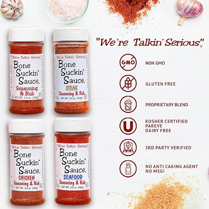 Bone Suckin' Sauce Seasoning and Rub-Variety, Original, Steak, Seafood and Chicken, Great for Grilling, Smoking, Non-GMO, Gluten-Free, Fat Free, Kosher, Pareve, No Anti Caking & No Msg