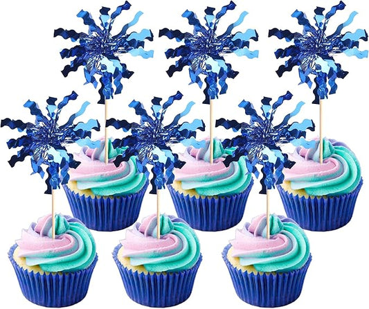 Rsstarxi 30 Pack Foil Firework Cupcake Toppers Blue Sparkle Tinsel Drink Cake Decorations Cocktail Food Toothpicks for Happy Valentine's Day Birthday Wedding Graduation Party Decorations