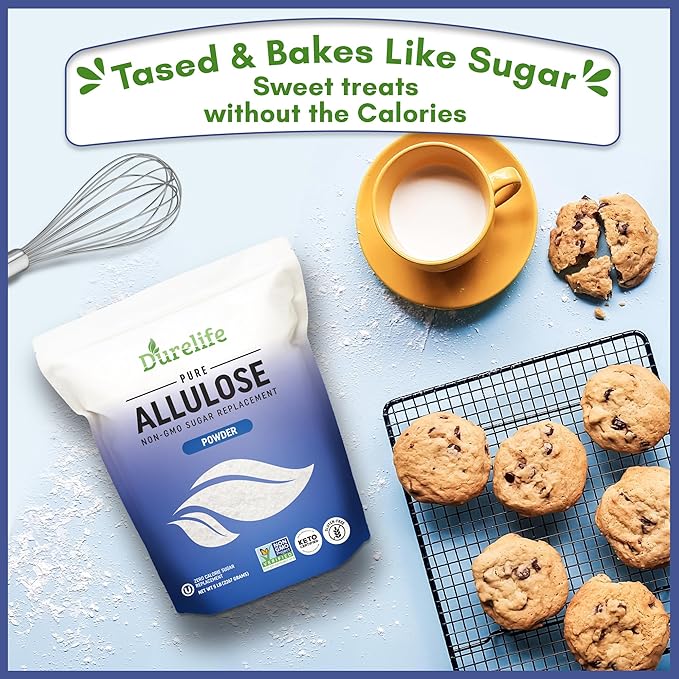 Durelife Allulose sweetener, 5 lb 100% Pure No Erythritol powdered Sugar Substitute, NON-GMO Project Verified, Keto Certified, OU kosher, No Fillers, Zero Calories sugar alternative 5 Lbs